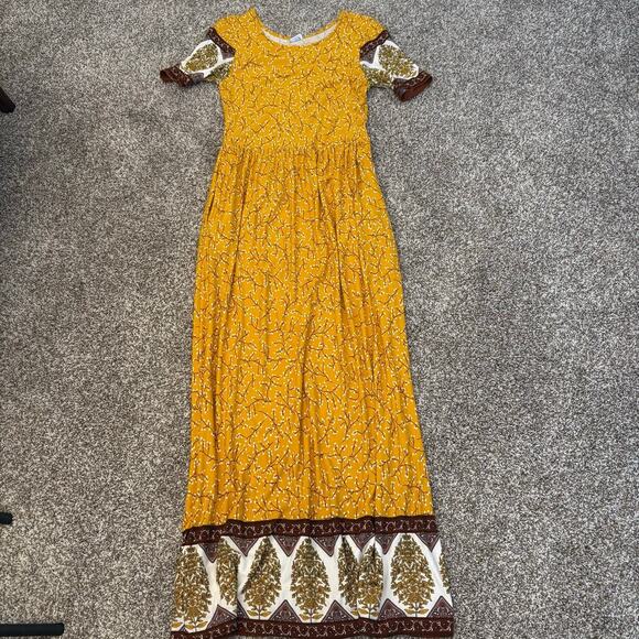 loscana Dresses & Skirts - Loscana Mustard Yellow Floral Border Print Maxi Dress Short Sleeve S Cottagecore